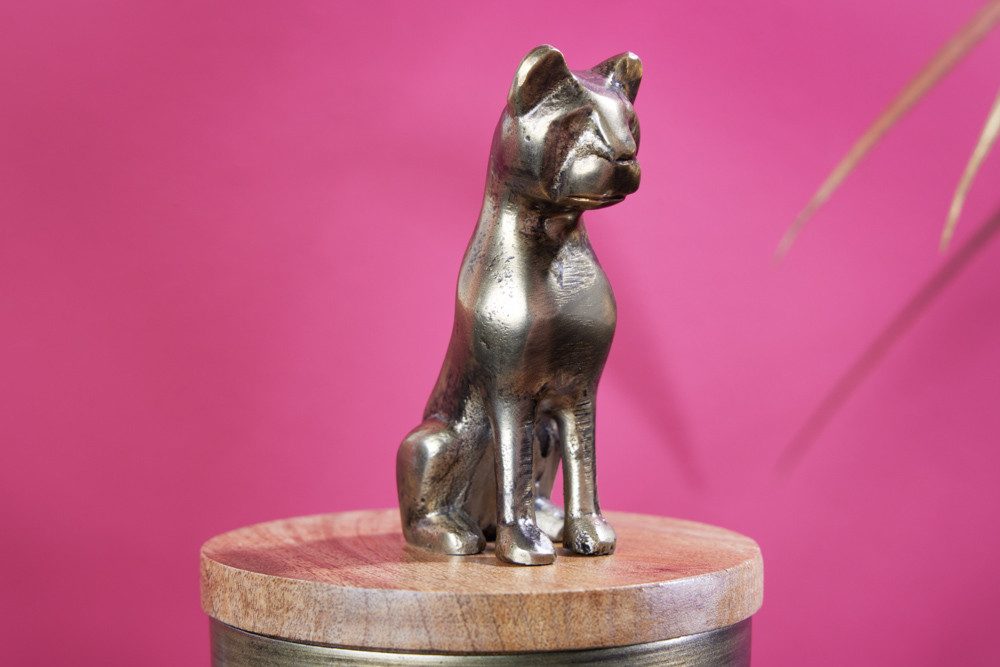 riess-ambiente Aufbewahrungsdose PANTHER 20cm gold – Metalldose mit Raubkatze & Holzdeckel (Einzelartikel, 1 St), Panther-Figur aus Metall, Deckel aus Mangoholz, Safari-Design-Dose