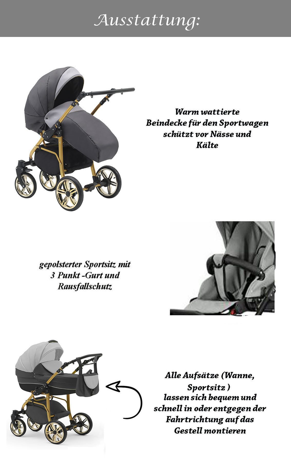 BabyMerc Kombi-Kinderwagen Neo Gold 2 in 1 inkl. Sportsitz und umfangreichen Zubehör in 22 Farben