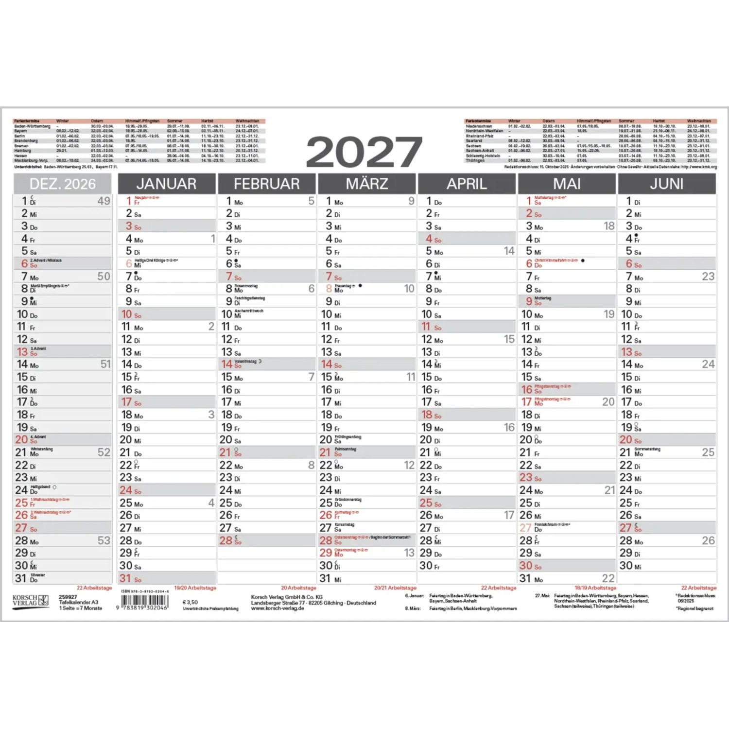 Korsch Verlag Wandkalender Tafelkalender A3 2027