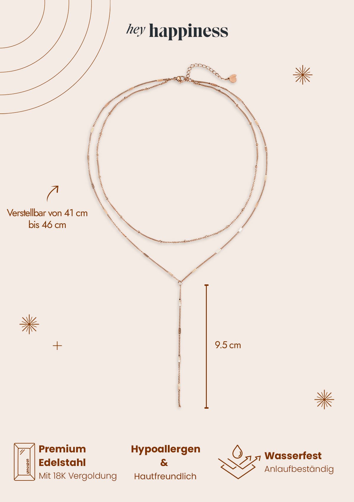 Hey Happiness Y-Kette Layering Kugel & Plättchen, Vergoldete Damen Lariat-Kette aus Edelstahl, wasserfest