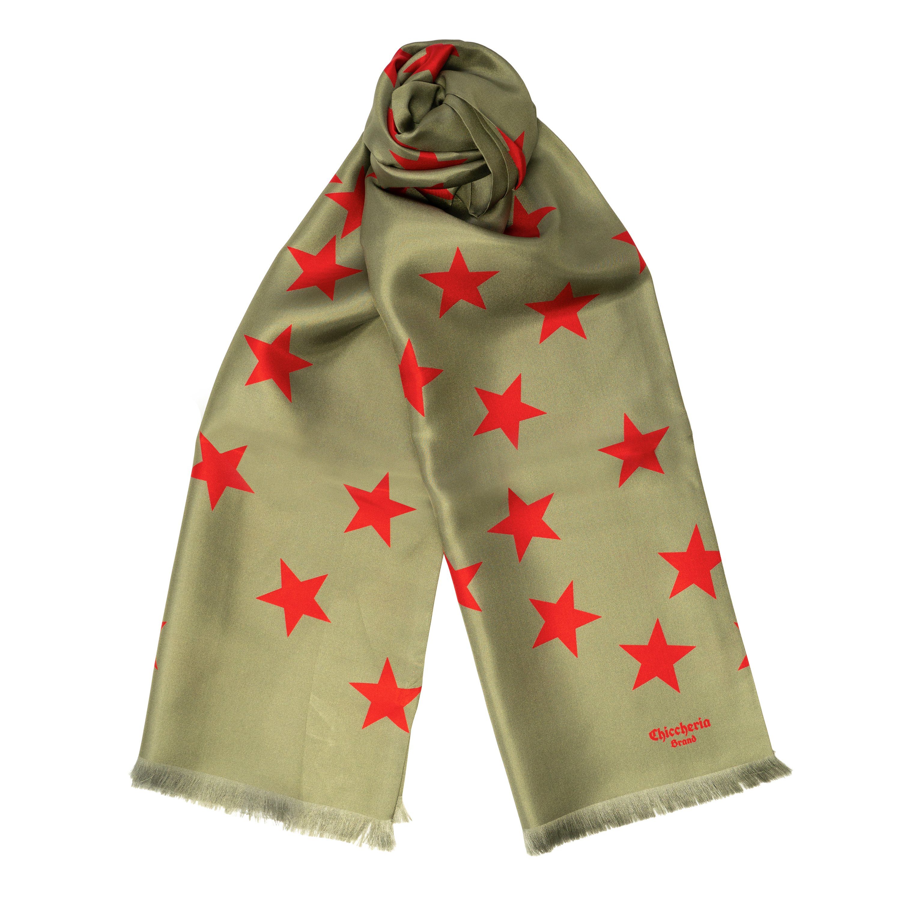 in Chiccheria Made Seidenschal STARS, Oliv-Rot Italy Brand