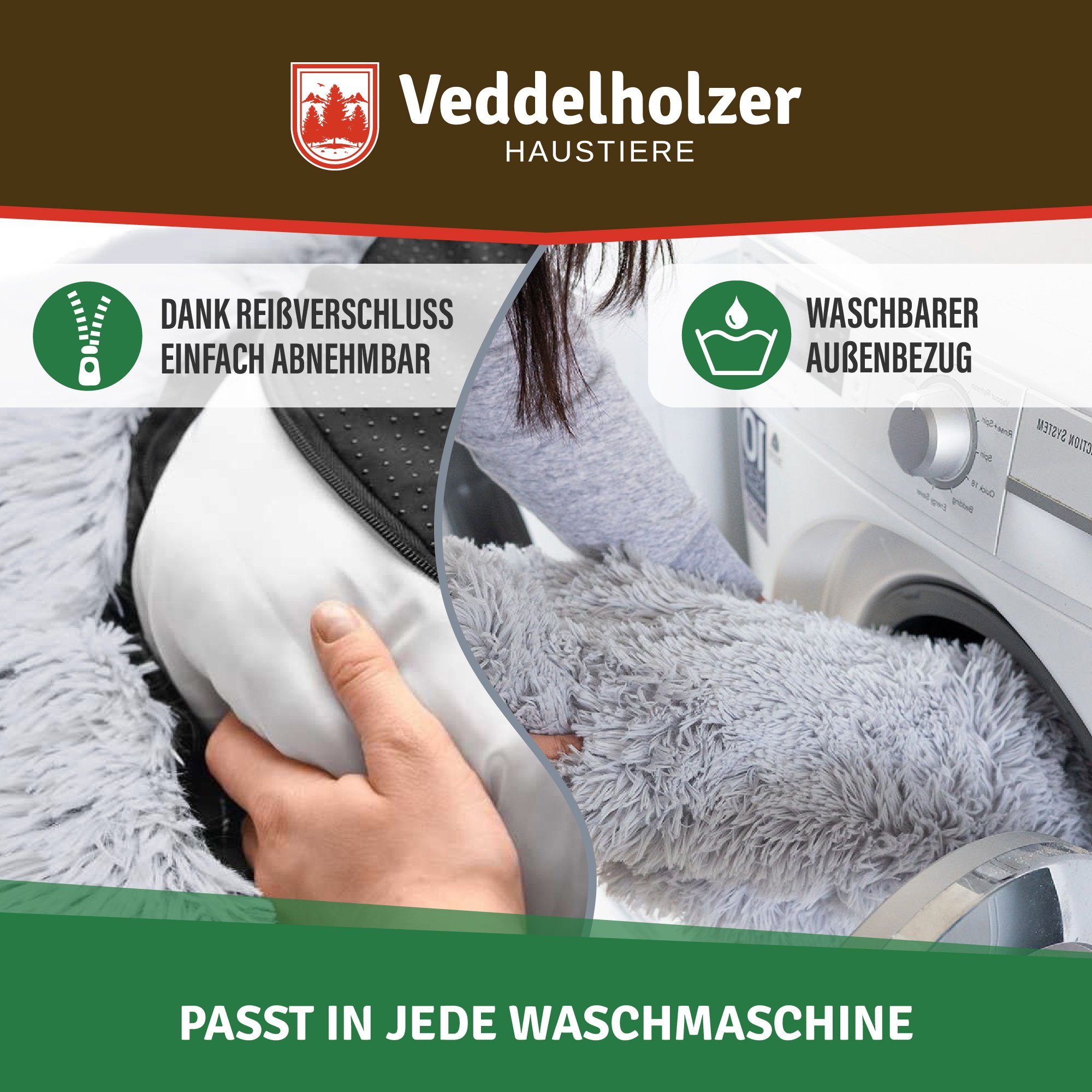 Veddelholzer Tierbett Ø 60 cm (S) Hell & Dunkelgrau Hundebett Katzenbett Hundekissen, 100% Vegan Hochwertigen synthetischen Fasern, Hundebett große mittelgroße kleine Hunde waschbar