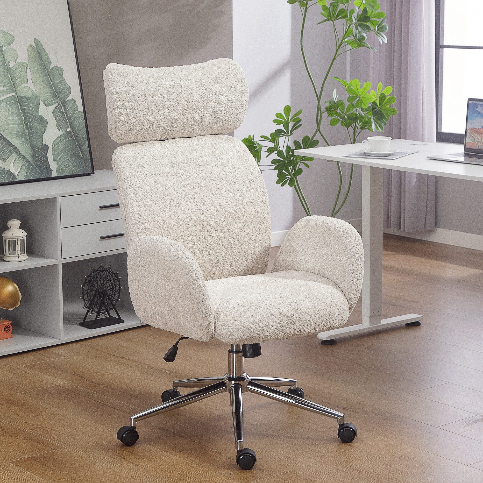 HOMCOM Bürostuhl Schreibtischstuhl Drehstuhl mit Armlehne verstellbare Kopfstütze (Homeoffice Stuhl, 1 St), mit Wippfunktion, Bouclé-Optik, Hellgrau