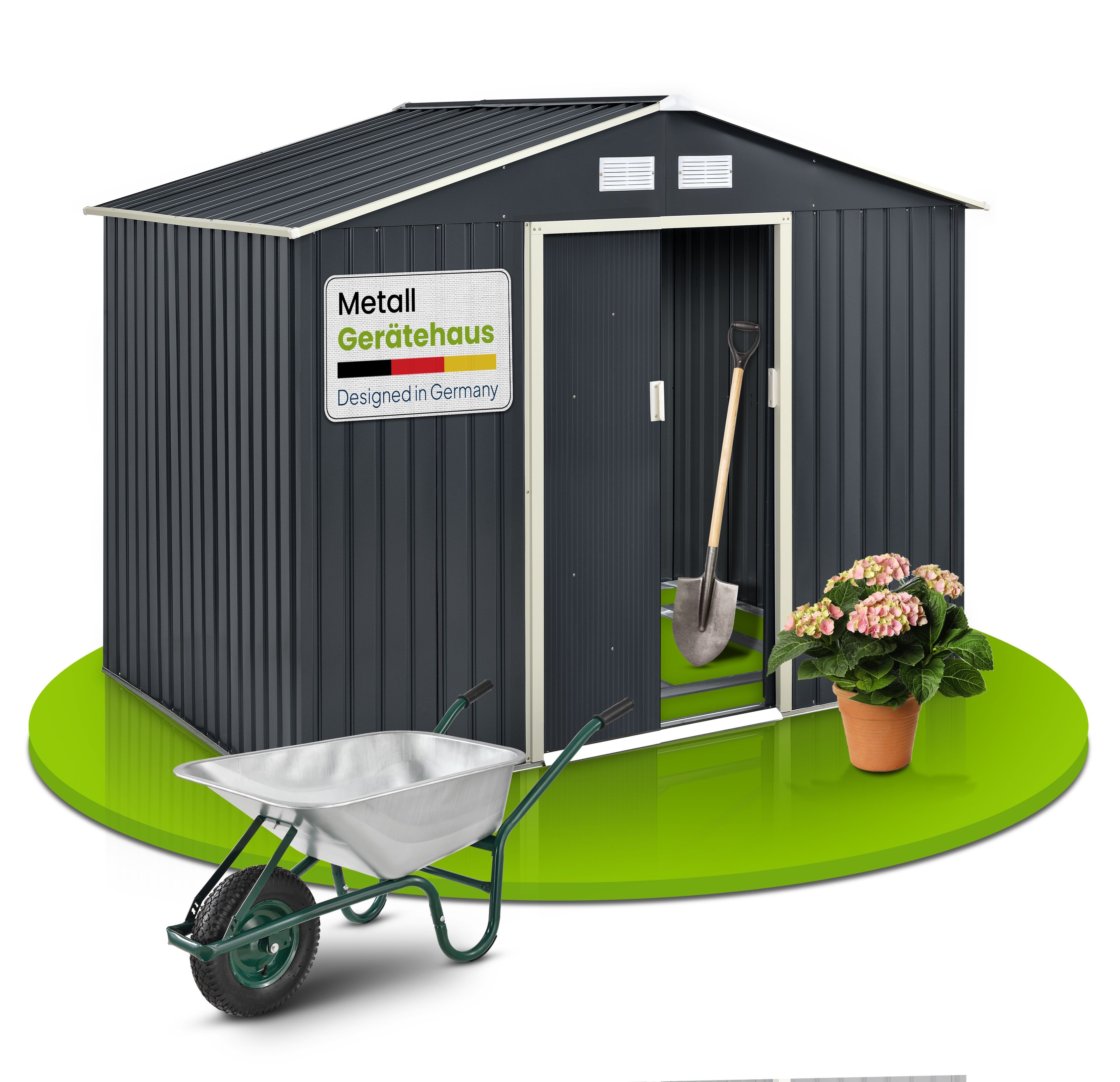 Juskys Gartenhaus XL, BxT: 277x181 cm, mit Satteldach, Schiebetür, Fundamentrahmen, 9 m³