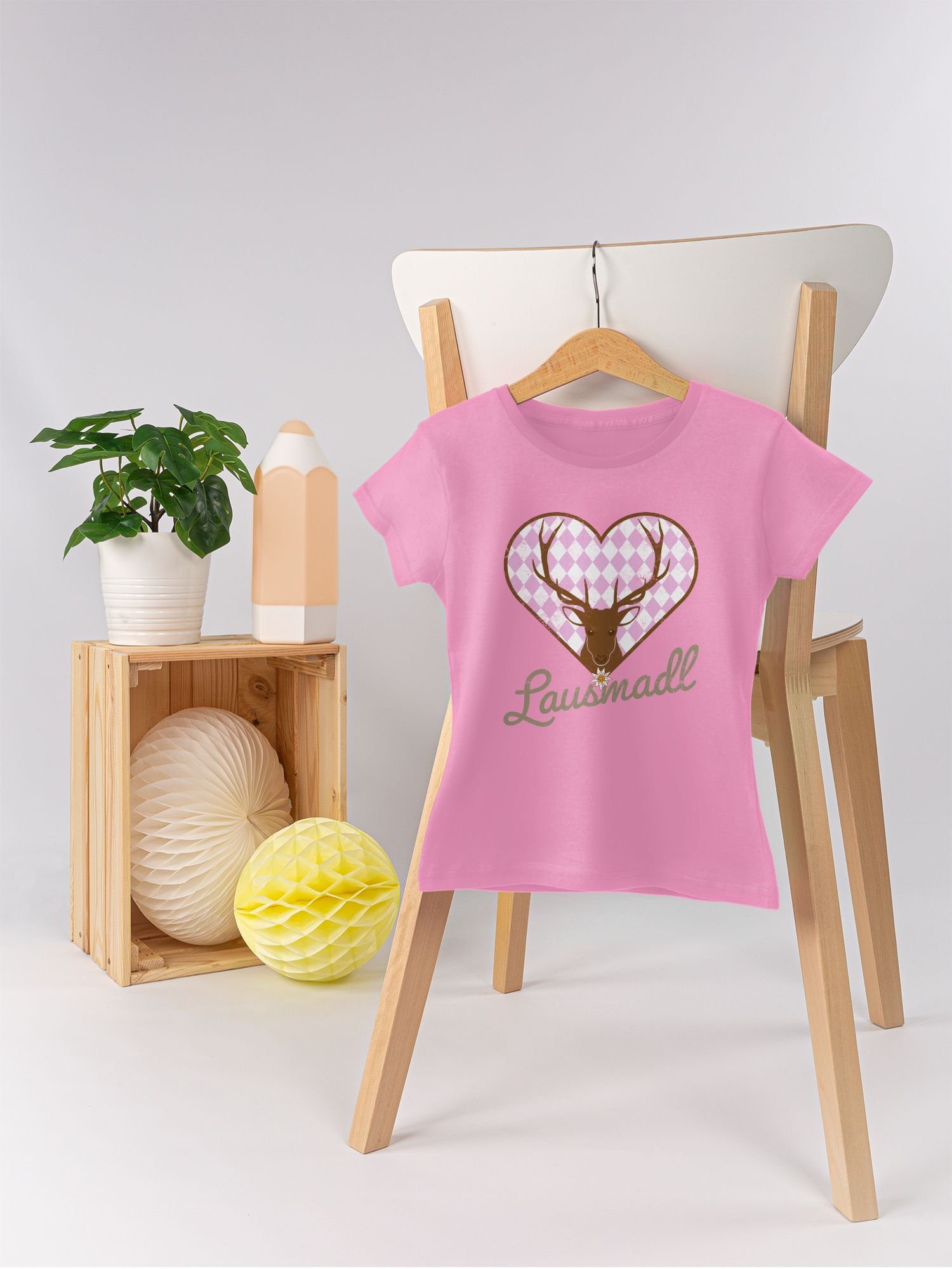 Lausmadl Outfit Rosa Mode T-Shirt für Kinder Oktoberfest Shirtracer Hirsch 2
