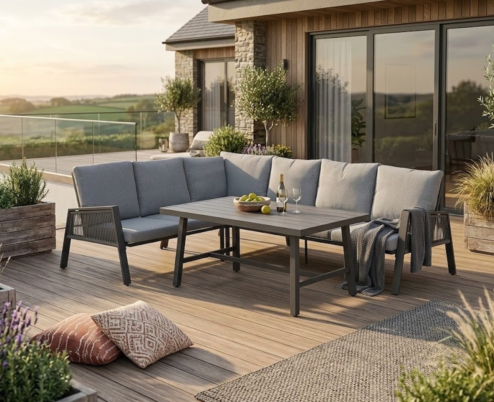 Garden Impressions Gartenlounge-Set Andrea links / Gartenmöbelset / Rope / Dining Eck Lounge, (Spar-Set, 3-tlg., Alu, Ecklounge, Esstisch, inkl. Auflagen), wetterfest / pflegeleicht