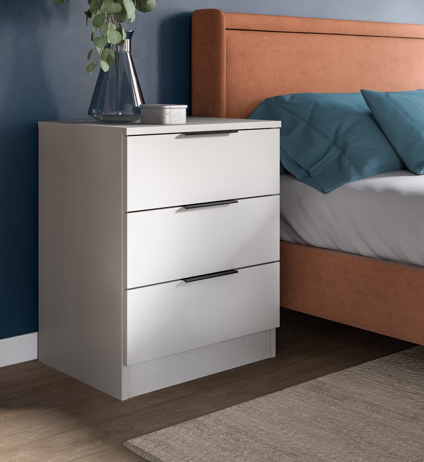 Inn.Furn Nachttisch Swan (Nachtkommode in Weiß, 3 Schubladen, 45 x 60 cm), für Boxspring geeignet, Vollauszug