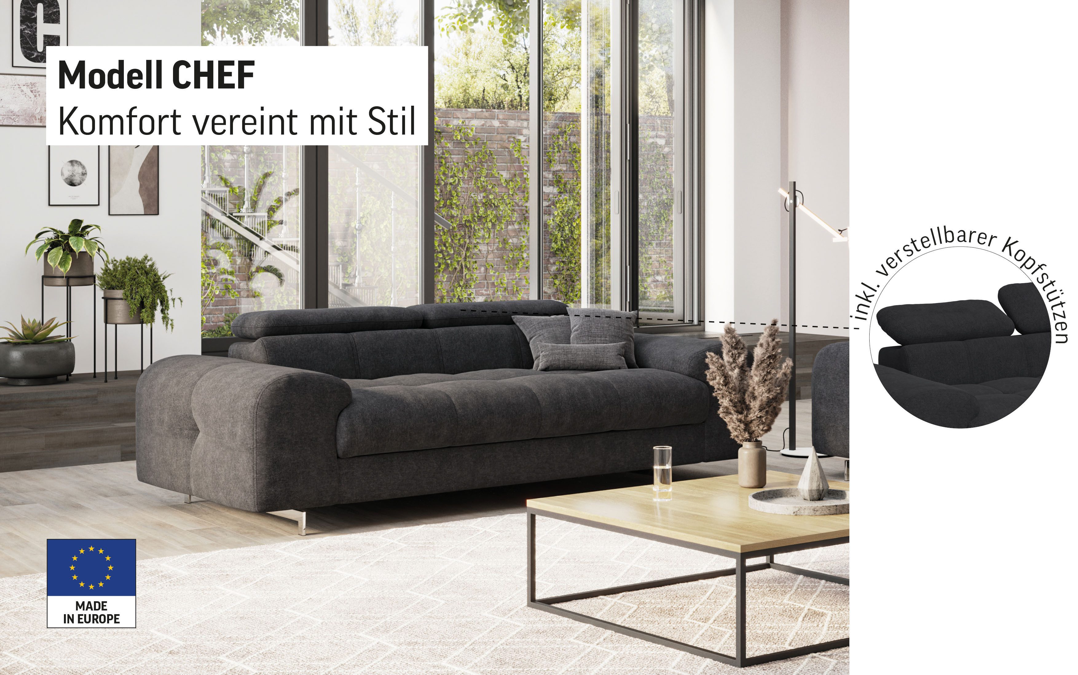 COTTA 3-Sitzer Chef, Big-Sofa mit Kopfteilverstellung, edle Metallkufen