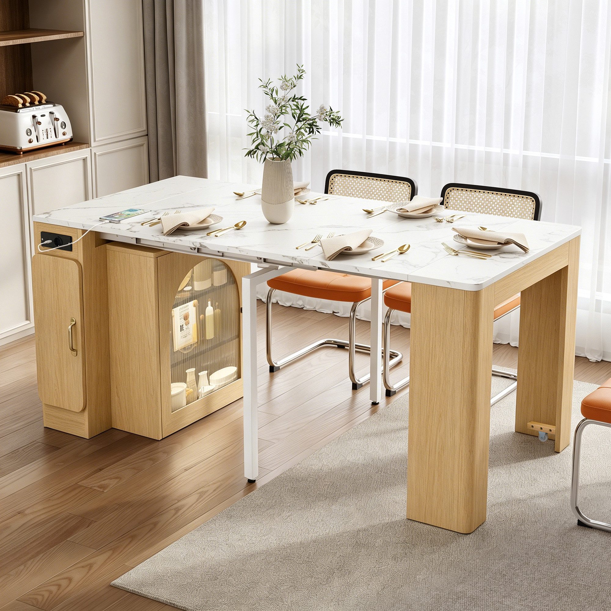 Flieks Kücheninsel mit Steckdosenleisten und LED-Beleuchtung inkl. ausziehbarer Esstisch, (Arbeitsplatte in Marmoroptik, 80x39,6-149,6 cm), Küchenschrank mit Glastüren & erweiterbar Tisch mit Rollen Natur