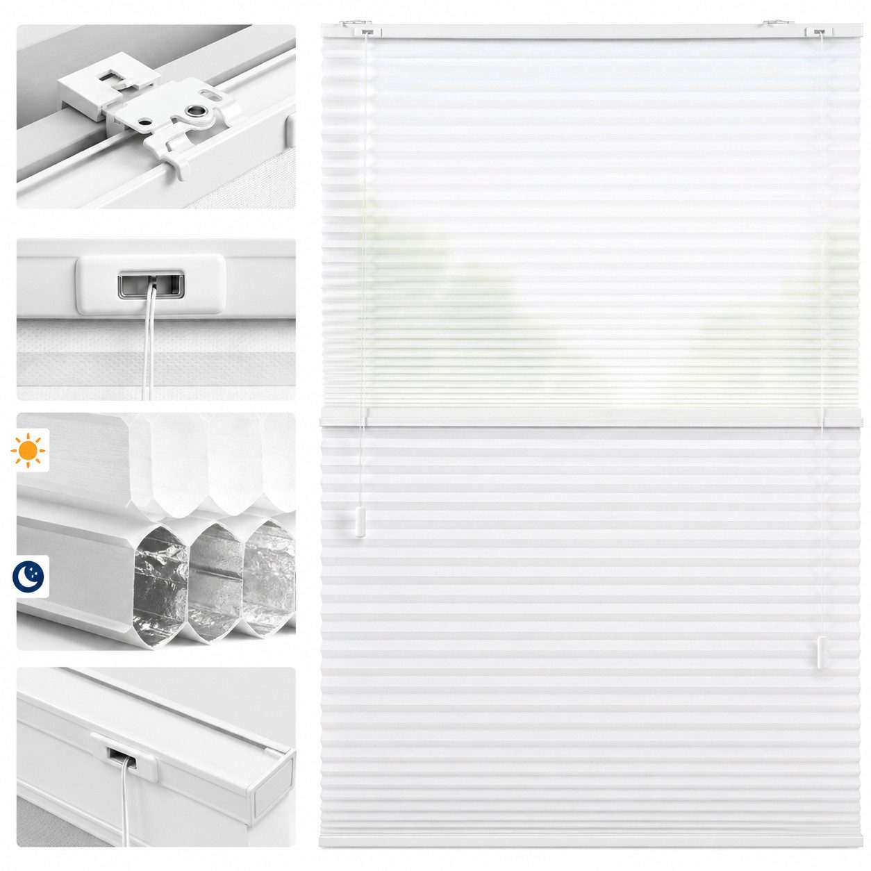 Sekey Wabenplissee Plissee ohne Bohren Verdunkelung Rollo 100% verdunkelnd Blickdicht, verdunkelnd, Klemmfix, 2-in-1 Tag & Nacht Wabenplissee, mit / ohne Bohren, Weiß 40x120 cm