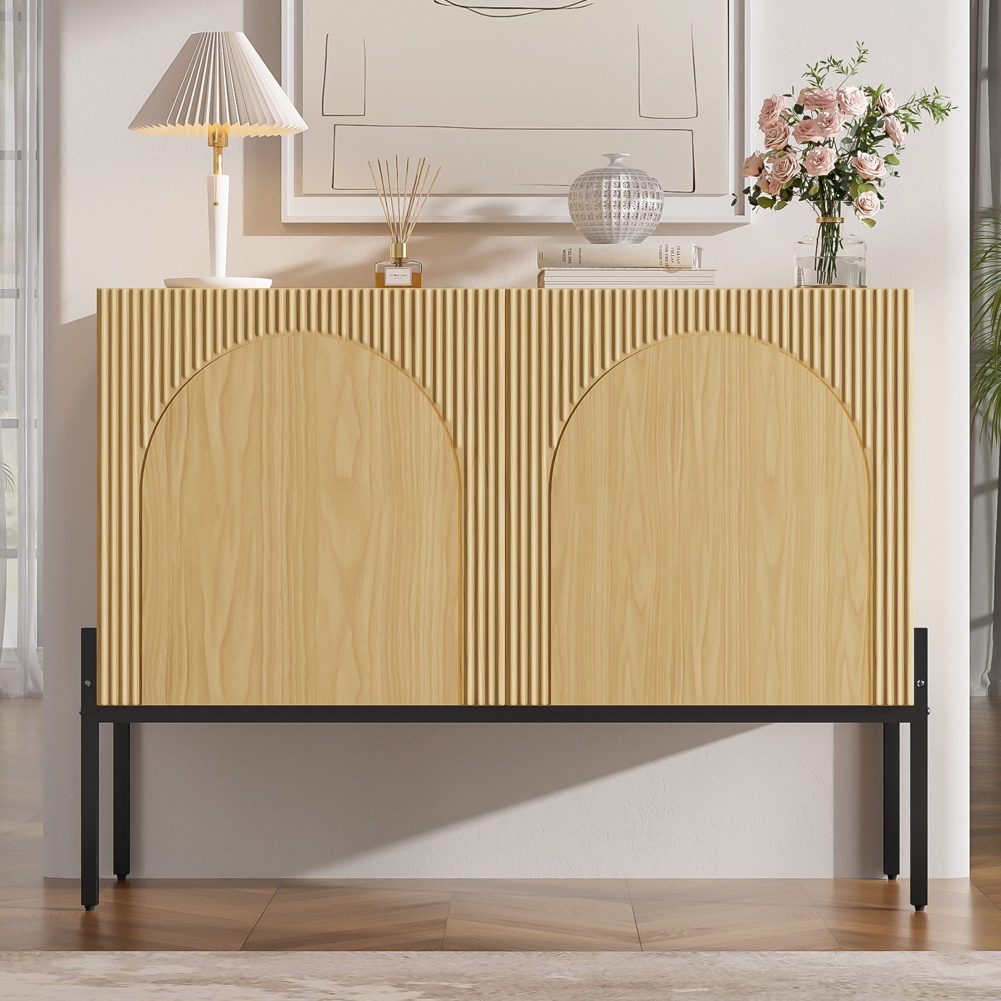 Flieks Sideboard mit 2 Türen, verstellbarer Einlegeböden und Metallbeinen (100x40x75 cm, 1 St., Schrank für Wohnzimmer, Esszimmer, Schlafzimmer), Kommode Mehrzweckschrank Multifunktionsschrank Holzoptik Natur