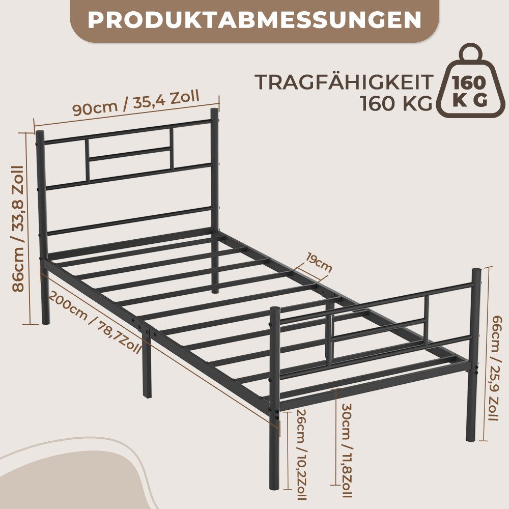 GLIESE Bettgestell Lattenrost, Kopfteil und Fußteil (1-tlg., Einzelbett), 90 x 200 Metallbett, Bettrahmen, hochtragfähig