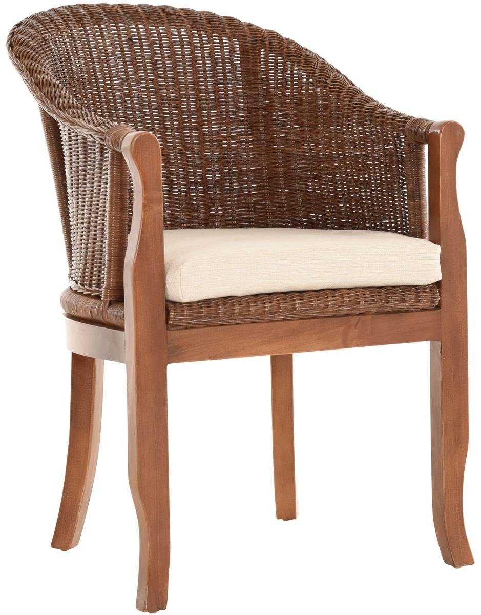 Krines Home Relaxsessel Rattan-Sessel mit Holzbeinen, Sessel aus echtem Rattan- mit Polster, Rattanstuhl, Clubsessel Dunkel Braun