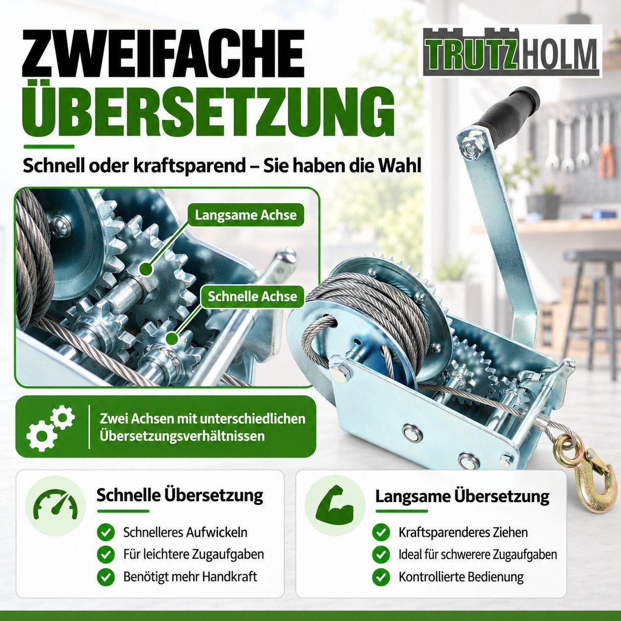 TRUTZHOLM Seilwinde Handseilwinde 1130 kg 10 m, (Produkt, 1-St), Handkurbellänge: ca. 23 cm – Bild 4 von 5