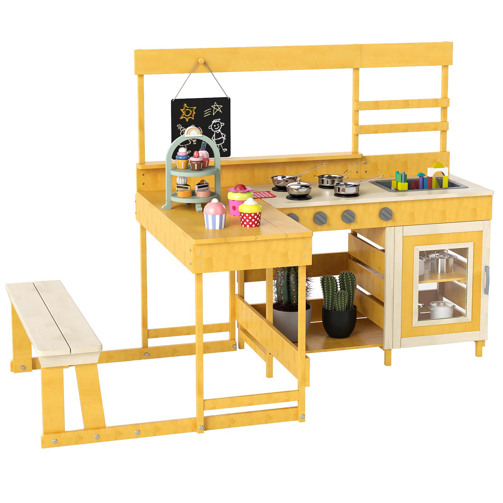 COSTWAY Outdoor-Spielküche Holz, Kinderküche Holz mit Bank, Tafel, Zubehör