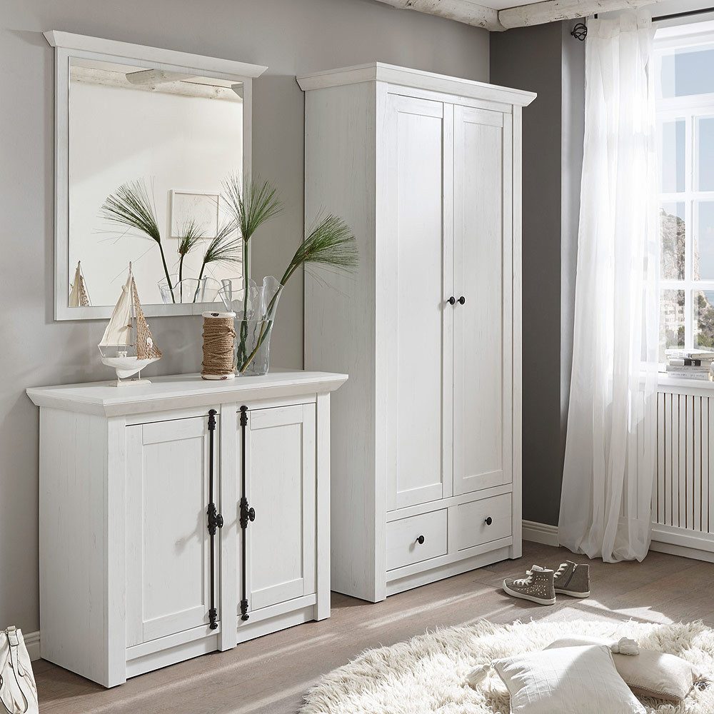 Lomadox Garderobenschrank WINGST-61 2-türiger im Landhaus Stil Dekor Pinie weiß Nb. B/H/T 105x206x45cm