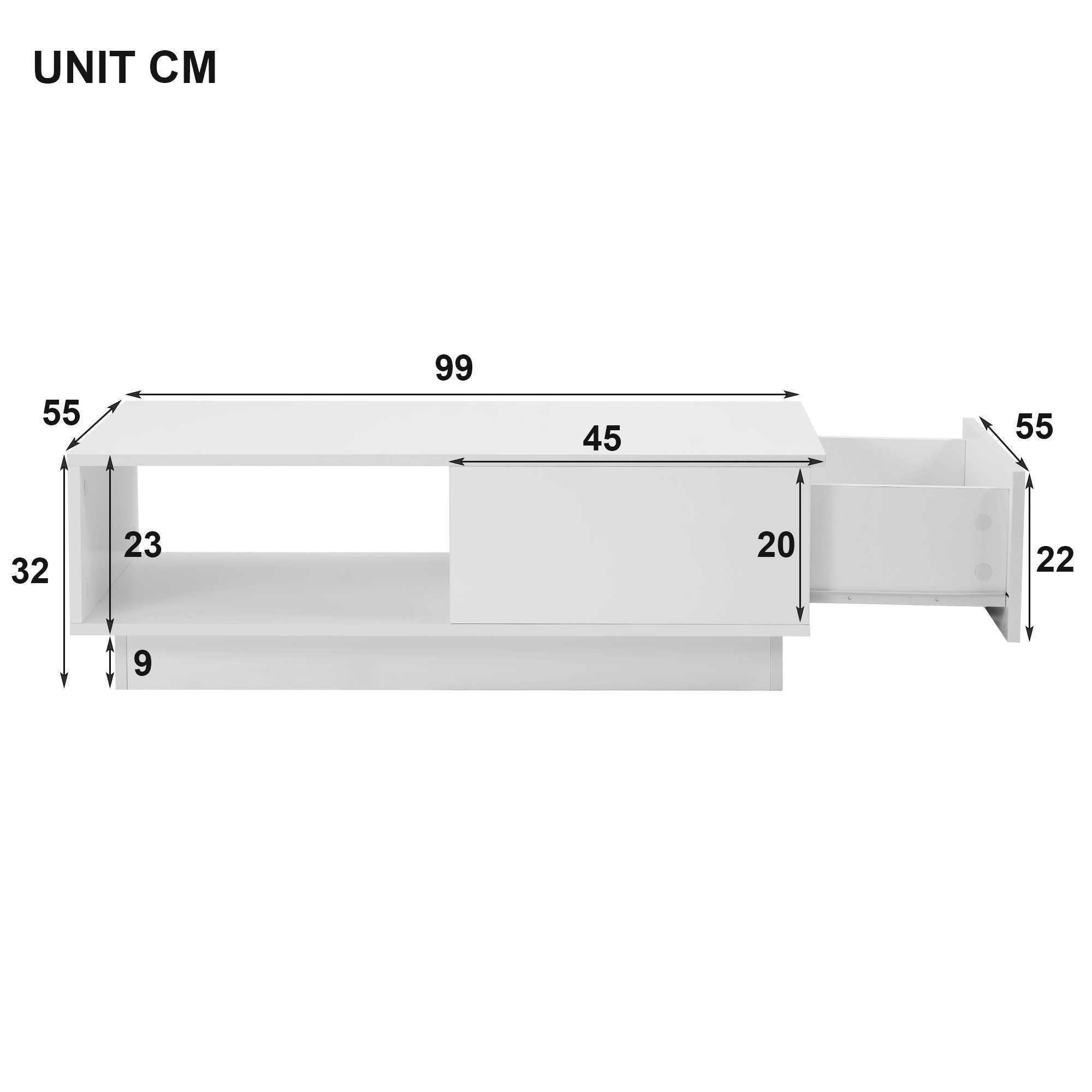 OKWISH Couchtisch Moderner Hochglanz-Sofatisch, Couchtisch, 32 15 x rechteckiger für Teetisch, mit 55 Weiß (Wohnzimmertisch LED-Licht), Farben Haushaltsdekoration (95 cm) x