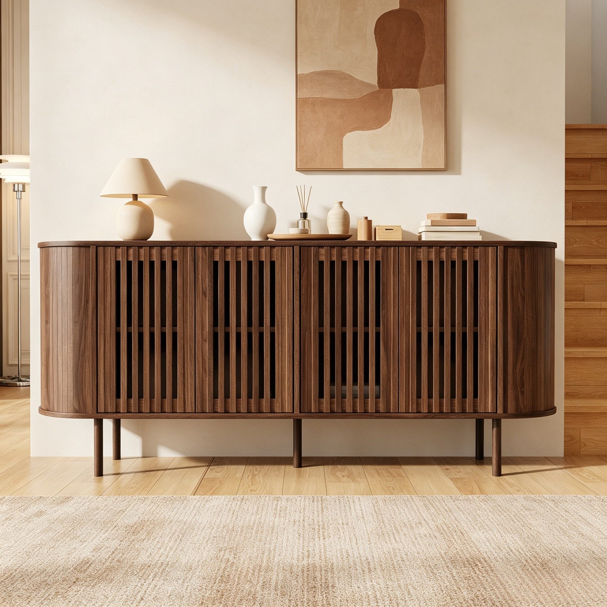 Merax Sideboard mit 4 perforierten Schiebetüren & verstellbaren Einlegeböden (160x40x70cm, 1 St), Kommode Buffet Anrichte Buffetschrank Schrank mit Metallbeinen