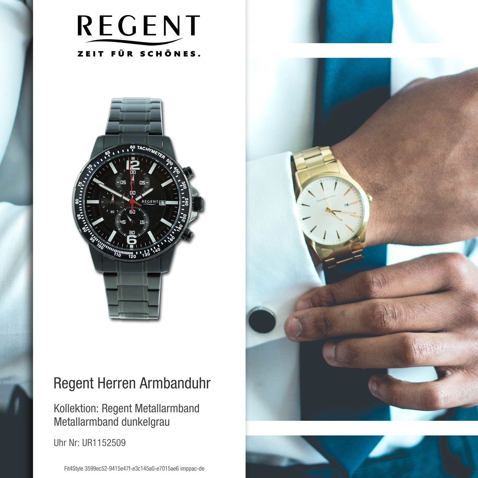 Armbanduhr groß Regent Herren Chronograph Armbanduhr rund, (ca. Regent extra 44mm), Herren Chronograph, Metallarmband