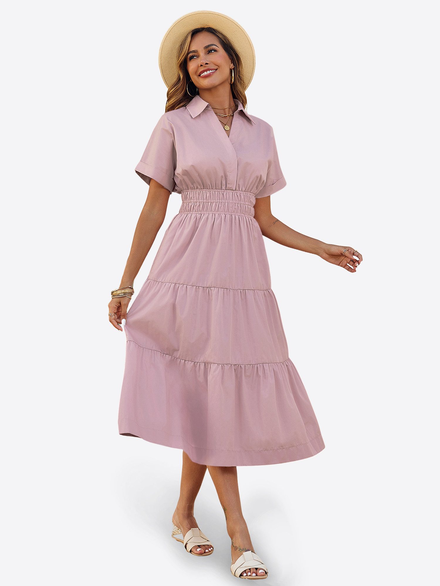 Imily Bela Maxikleid Damen Gerüschtes Fließendes Hemdkleid (Packung, 1-tlg., 1per-Pack) mit Taschen – Bild 4 von 5