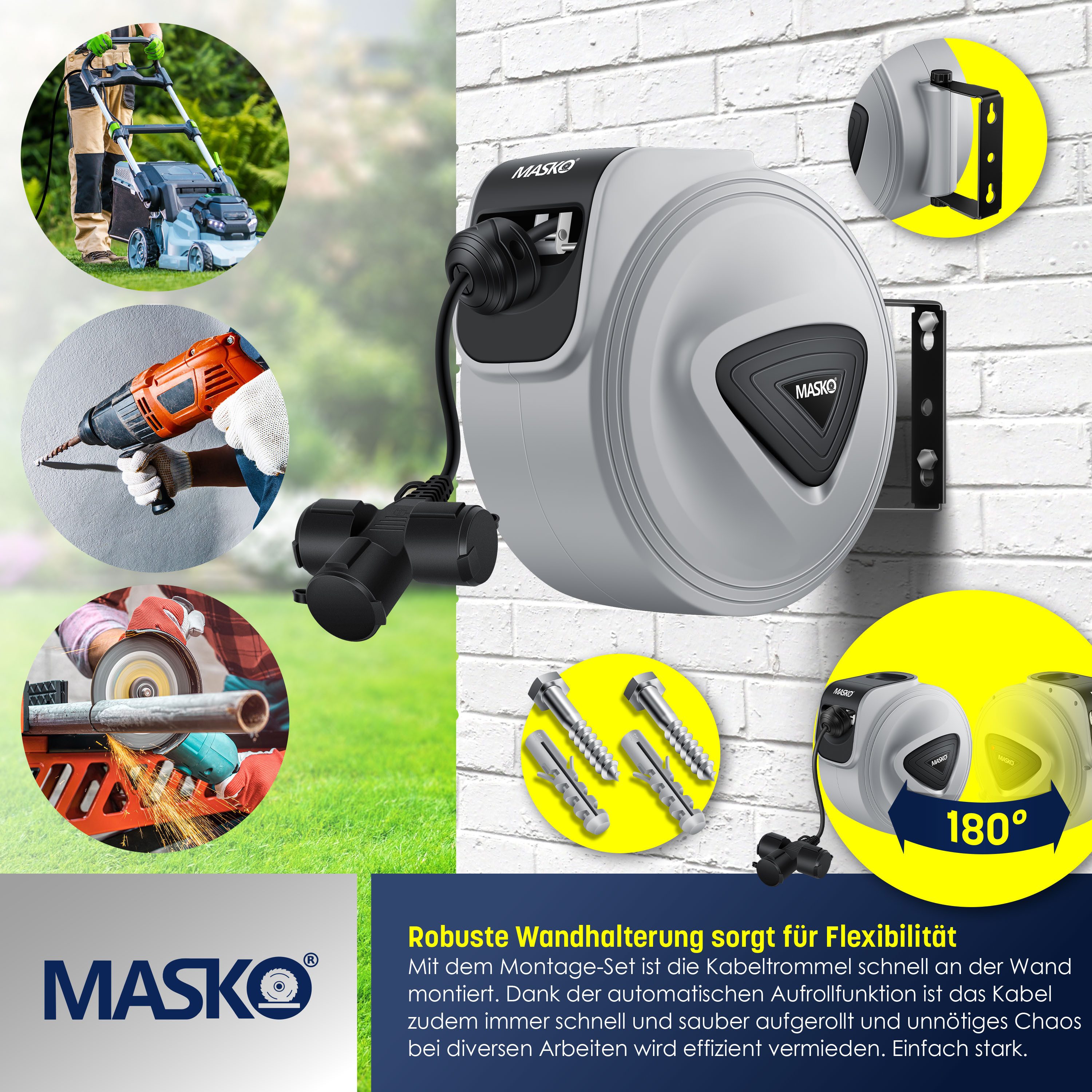 MASKO Verlängerungskabel, (20 cm), Automatik Kabeltrommel Verlängerungskabel mit 3-Fach Anschluss