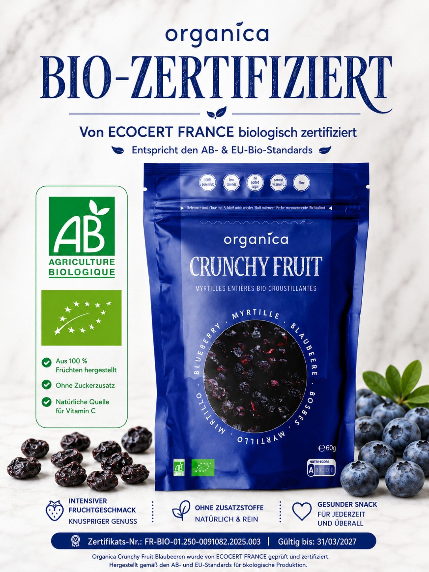 Organica Trockenfrüchte Gefriergetrocknete Bio-Blaubeeren, Getrocknete Heidelbeeren, 1 x, Bio-zertifiziert, 100 % Frucht, Ohne Zuckerzusatz, Nutri-Score A – Bild 2 von 5
