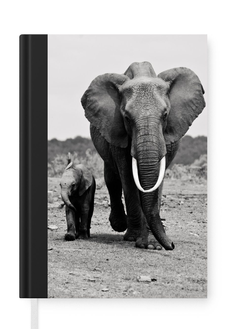 MuchoWow Notizbuch Elefant - Kind - Schwarz - Weiß, Journal, Merkzettel, Tagebuch, Notizheft, A5, 98 Seiten, Haushaltsbuch