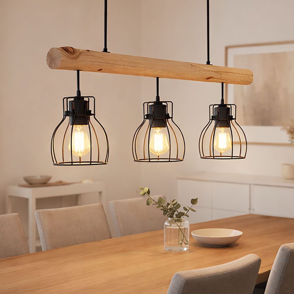 GLOBO LIGHTING Hängeleuchte, Leuchtmittel inklusive, Warmweiß, Retro Pendel Decken Leuchte FILAMENT Käfig Design Holz Balken