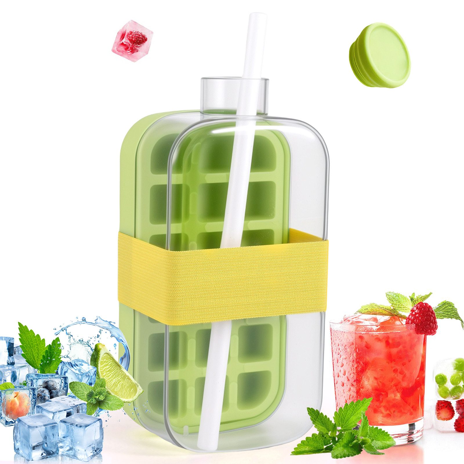 BlingBin Eiswürfelform 2 in 1 Silikon Eiswürfelbehälter mit Deckel und Strohhalm, Eisbox, (800 ml Wasserkocher Berührungslose Wasserflasche mit Eiswürfelform 1-tlg), 18 Stück Eiswürfe Eiswürfelbehälter Ice Cube Tray für Cocktails Whisky