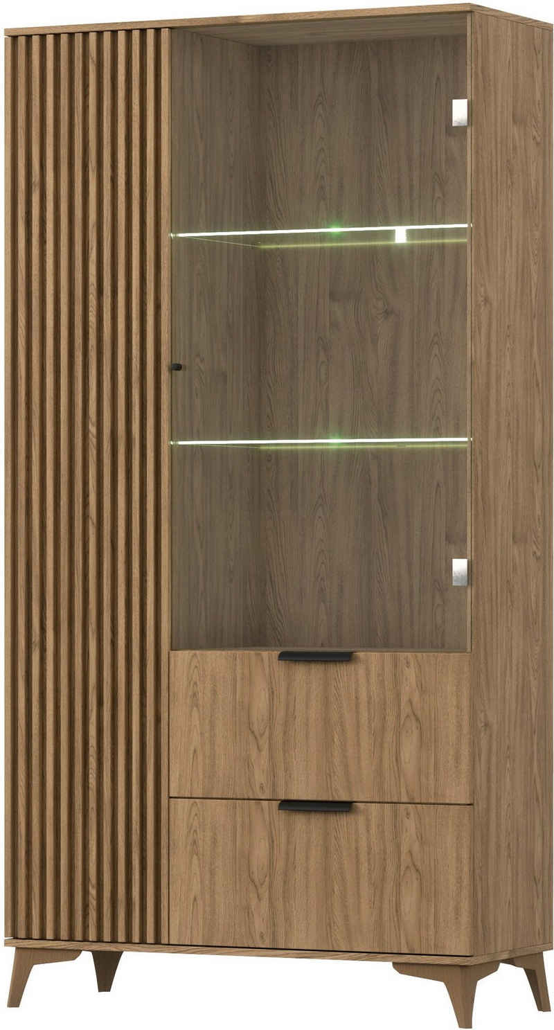 MOEBLO Vitrine Entia (Schrank Glasvitrine Einlegeböden Dekoration, Eiche artisan mit LED mit Schubladen) (HxTxB): 180x60x100 cm