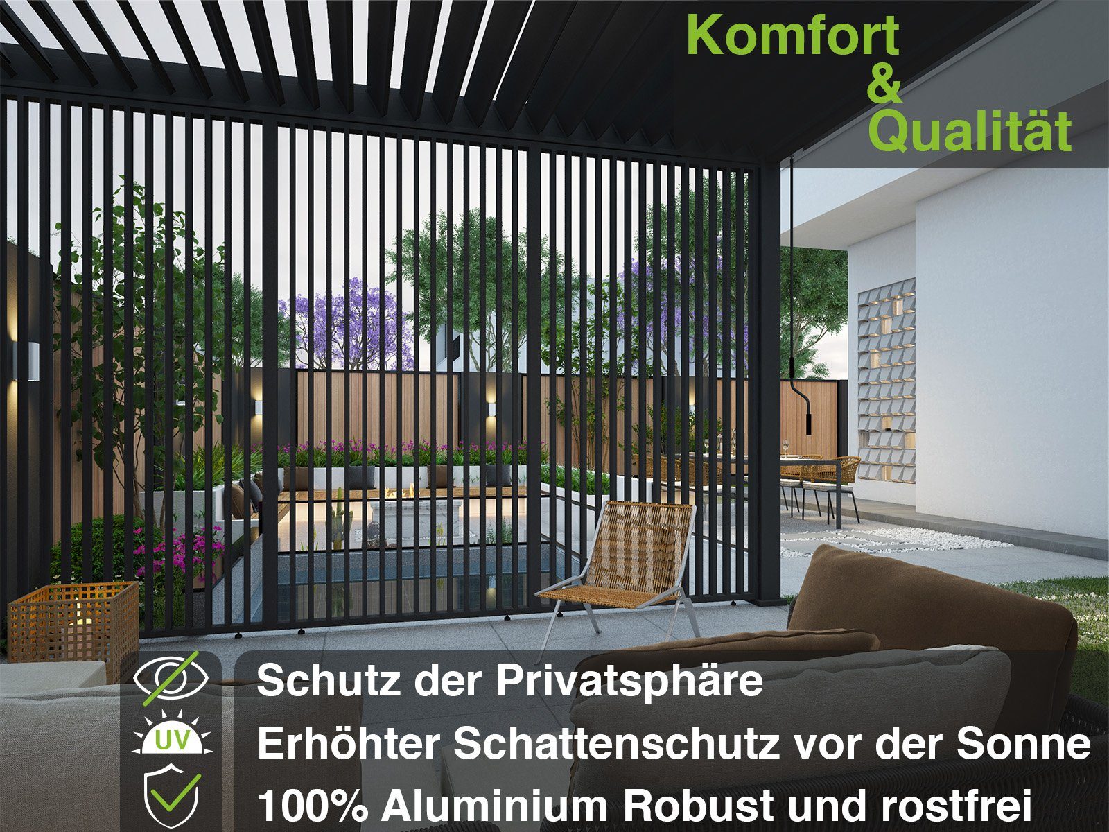 Weide Pavillonseitenteil Vertikale Lamellenwand für Pergola aus Aluminium 3 Maße Grau, 93x234 cm, Seitenteil