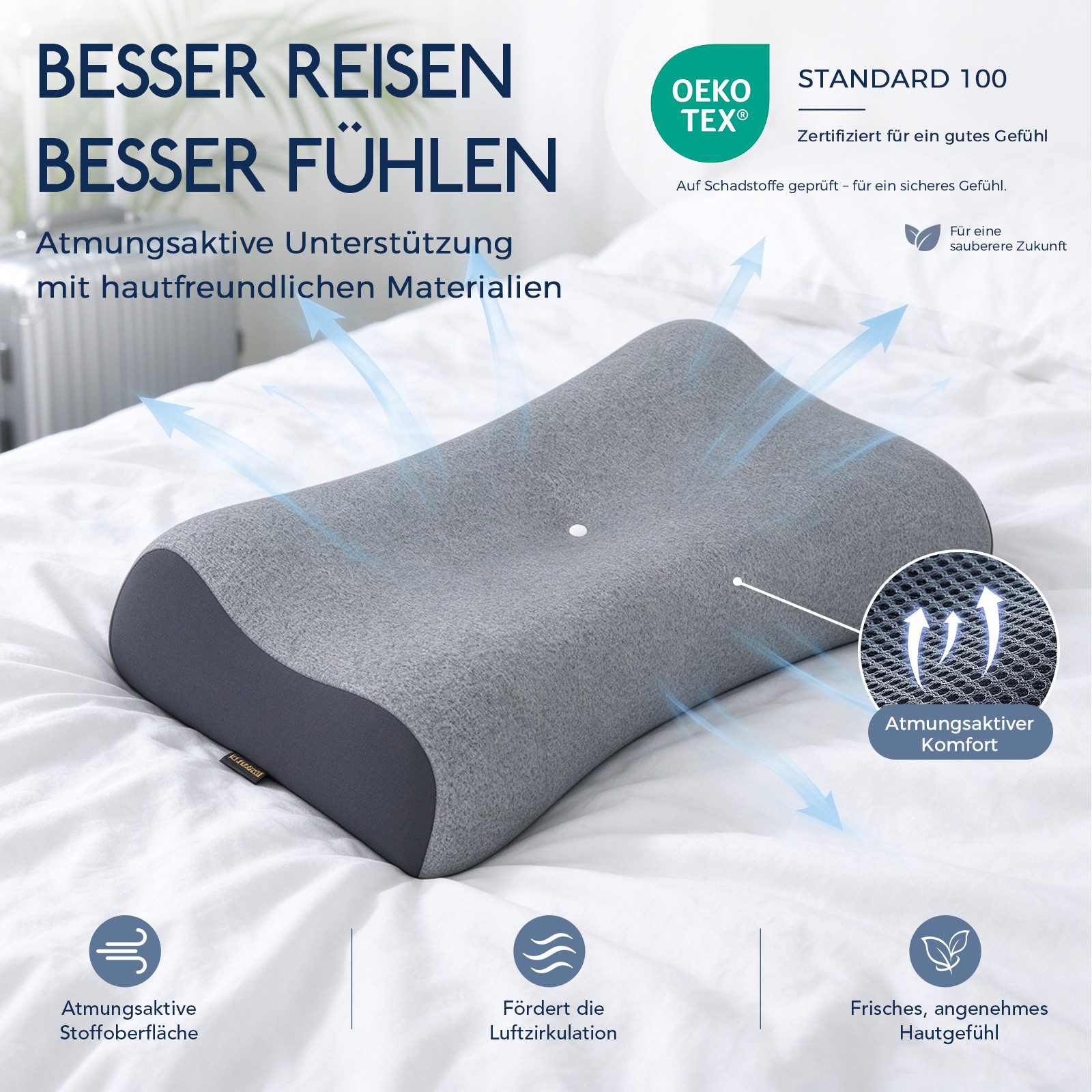 CHICASA Kopfkissen Reisekissen Grau, ergonomisch, 50D Memory-Schaum – Bild 5 von 5