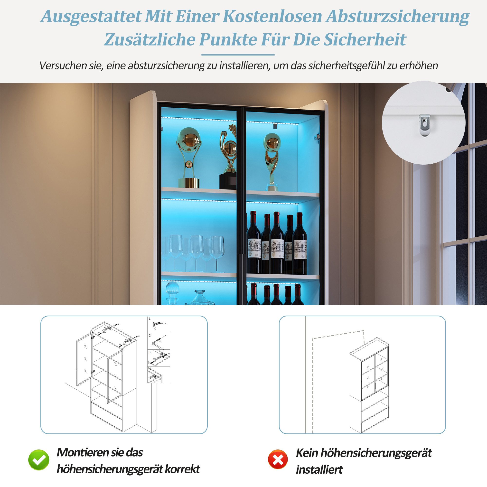 Merax Standvitrine Vitrine mit LED-Beleuchtung und Stauraum (für stilvolle Aufbewahrung und Präsentation von Sammlerstücken, 1-St., 80 x 34 x 180 cm) Wohnzimmerschrank mit Schublade & 2 Glastüren, Hochschrank, Standregal