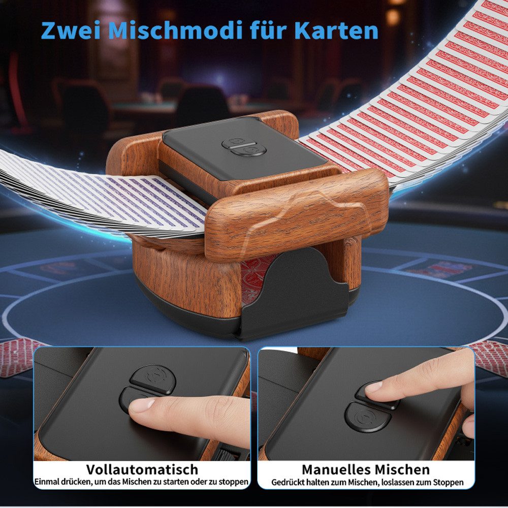 i@home Spiel Kartenmischmaschine, Kartenspiel, Kartenshuffler elektrisch mit 2 Mischmodi Holzoptik für unterwegs