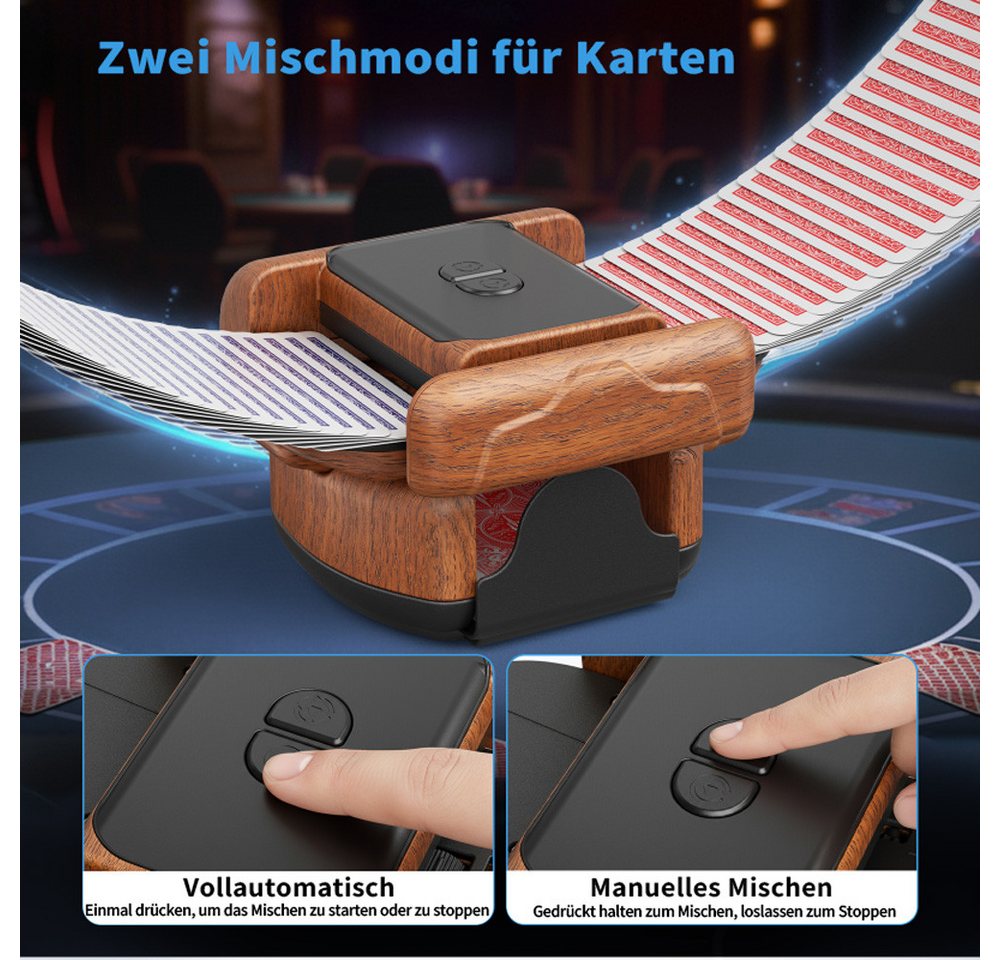 i@home Spiel Kartenmischmaschine, Kartenspiel, Kartenshuffler elektrisch mit 2 Mischmodi Holzoptik für unterwegs