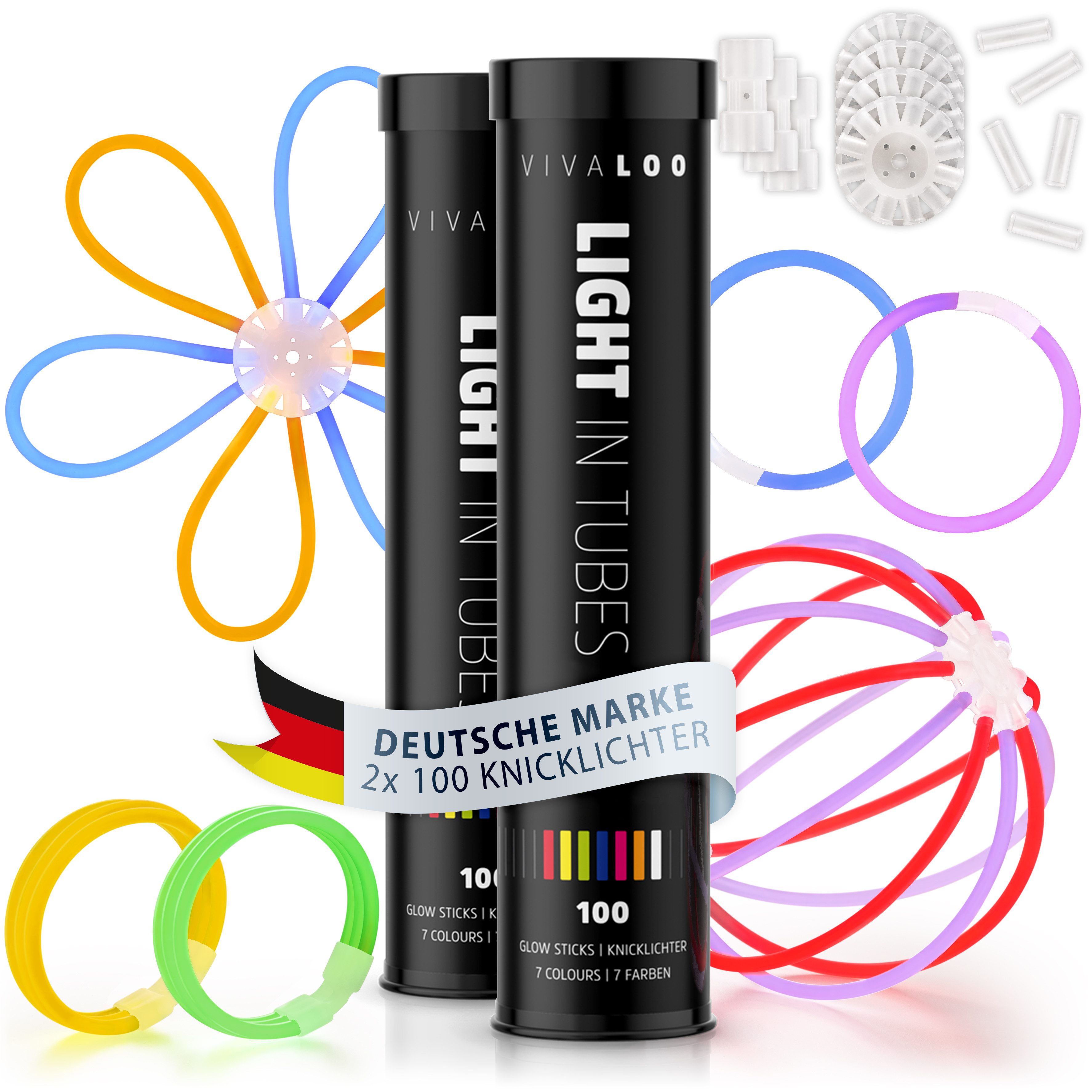 Vivaloo Knicklicht Party Set 7 Farben inkl. Verbinder, Silvester, Festival Ausrüstung, Neon Leuchtstäbe