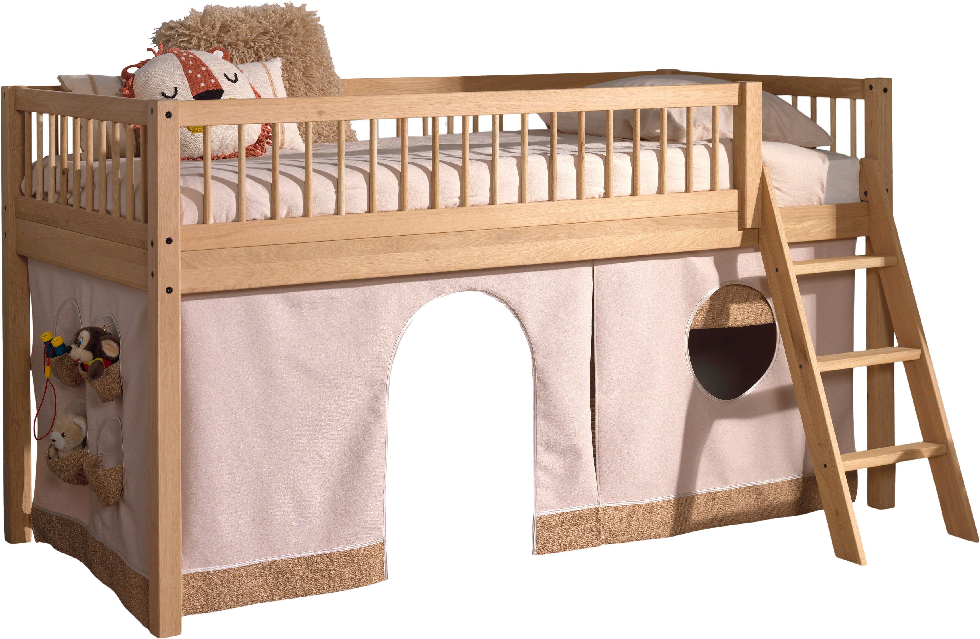 Vipack Spielbett (Made in Europe), aus Eiche geölt, LF 90x2000cm, RR, Leiter, Vorhang u. Absturzschutz