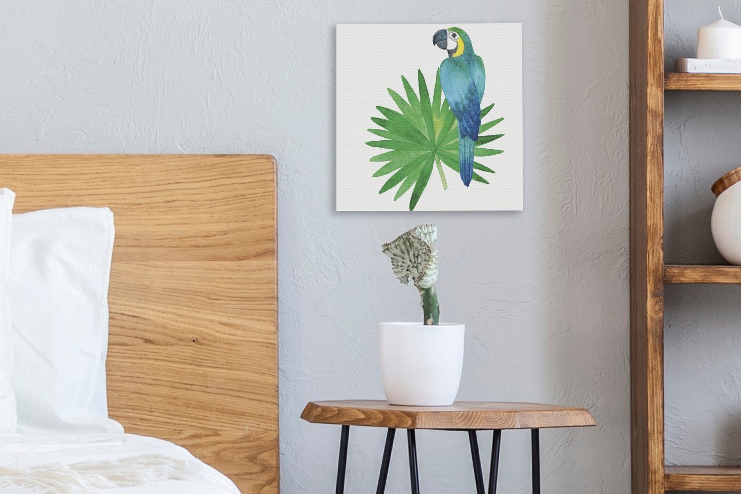 auf Illustration einem Eine Blatt, Bilder eines (1 OneMillionCanvasses® blauen St), für Wohnzimmer Leinwand Papageis Leinwandbild Schlafzimmer