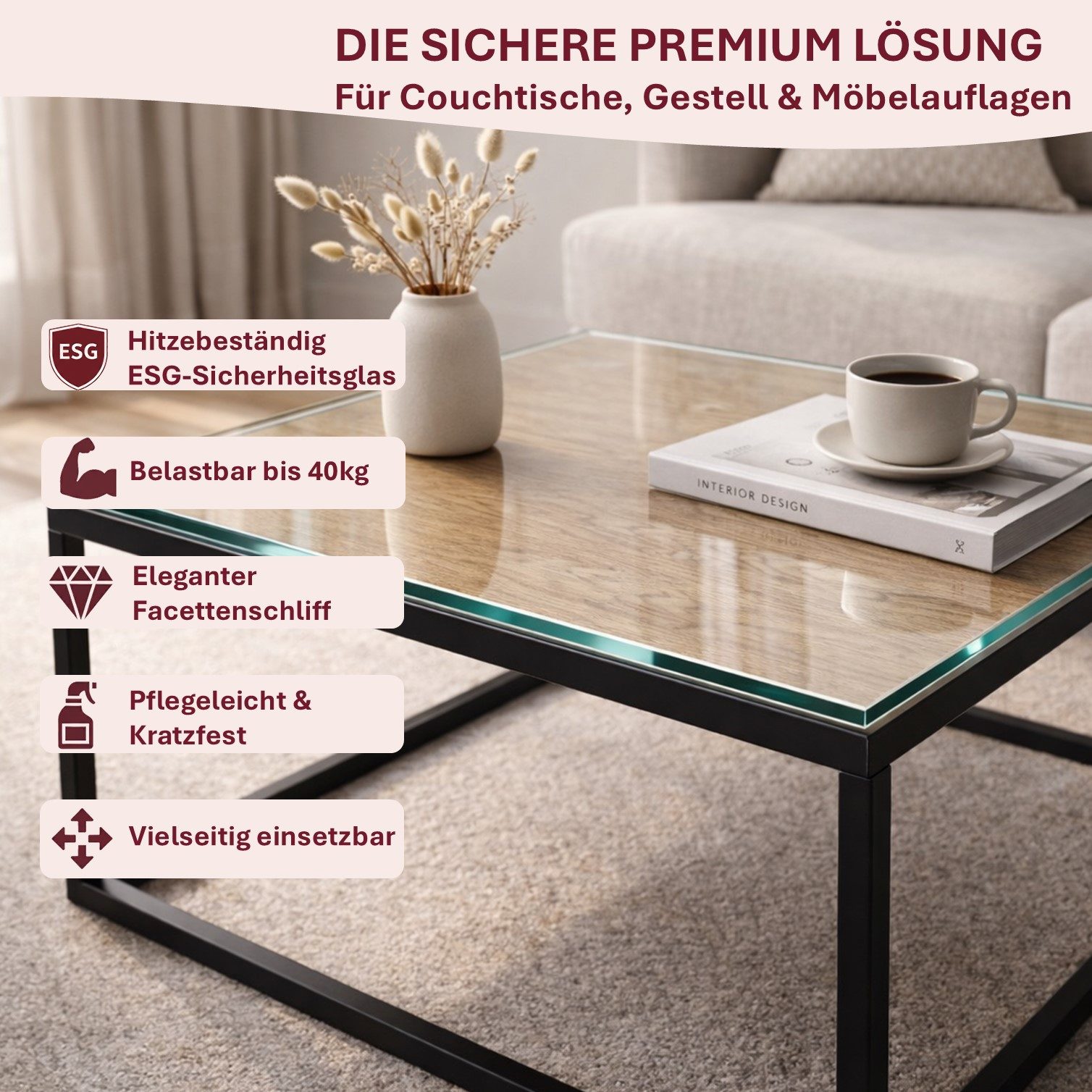 HOOZ Tischplatte Glasplatte ESG Klarglas 6 mm – Tischplatte Kaminschutz, viele Größen (1 St)