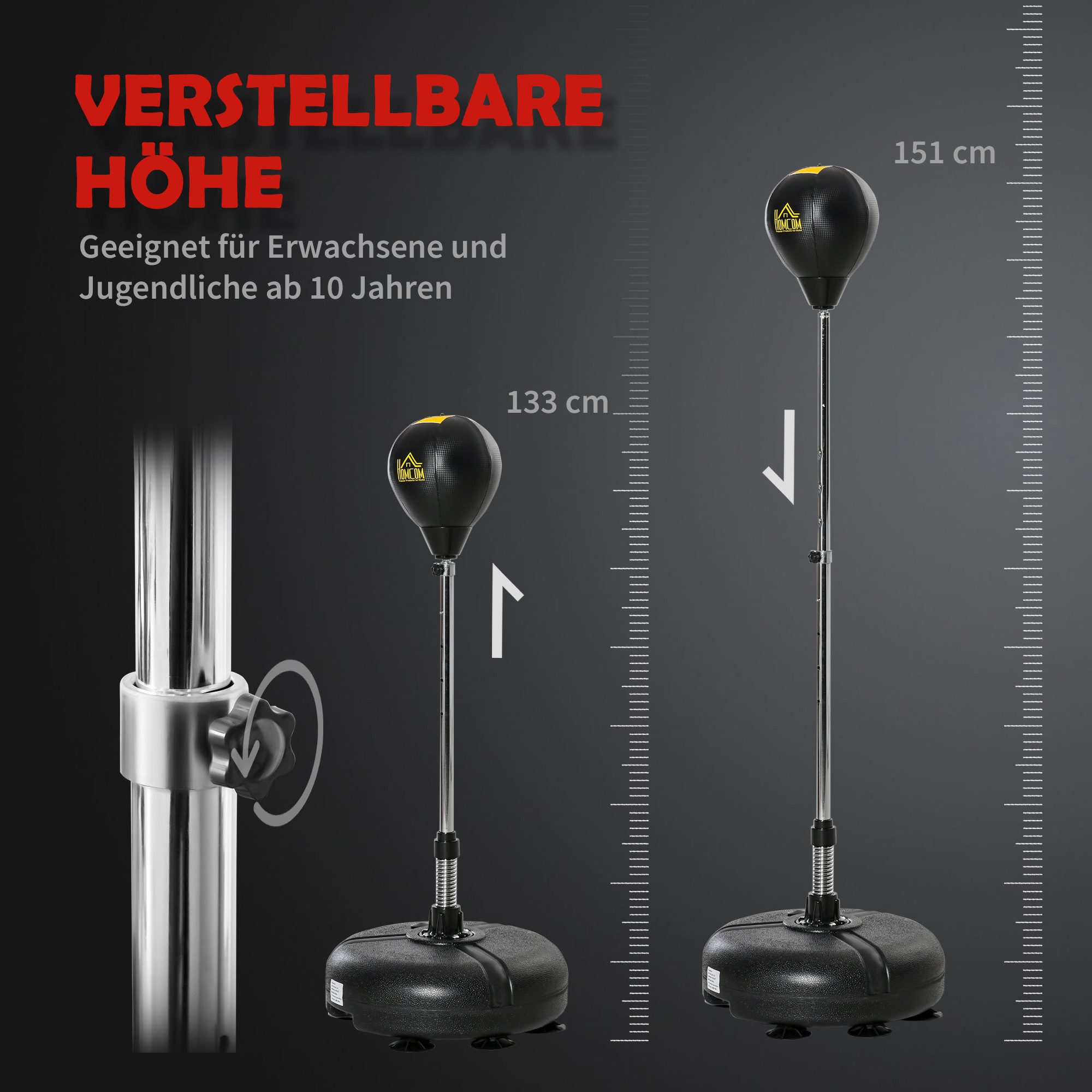 HOMCOM Punchingball Standbox Boxsack geeignet für Profis und Anfänger Schwarz (Set, 3-tlg., 1 x Boxball, 1 x Paar Handschuhe, 1 x Inflator), höhenverstellbar – Bild 4 von 5