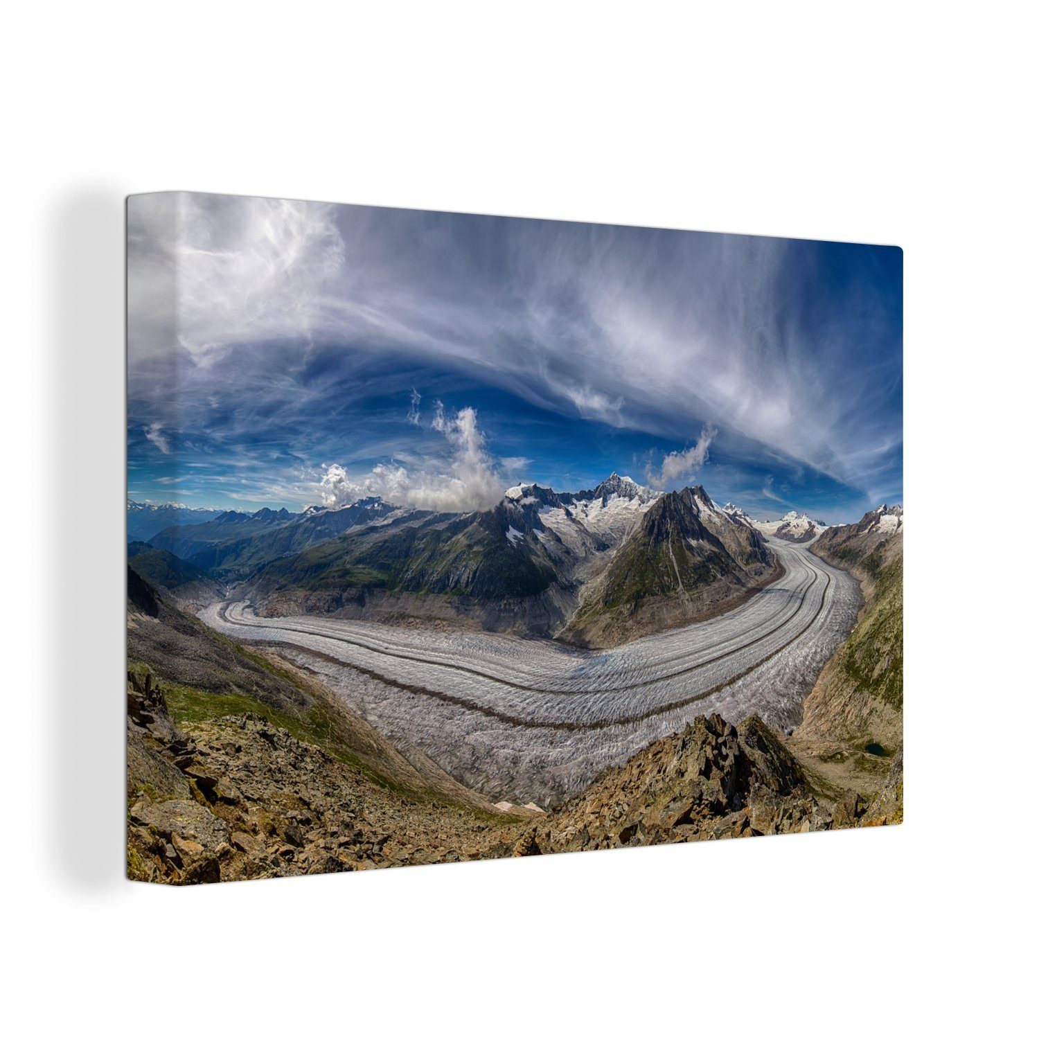 OneMillionCanvasses® Leinwandbild Panorama des Aletschgletschers in der Schweiz mit blauem Himmel, (1 St), Wandbild Leinwandbilder, Aufhängefertig, Wanddeko, 30x20 cm