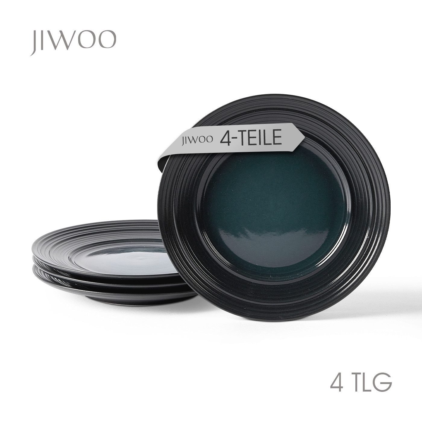 JIWOO Teller 4er Ø21,4cm, Salatteller Frühstücksteller Pastateller Dessertteller, (4 St), Keramik Hochwertiges Tellerset Schwarz Mikrowellen spülmaschinenfest