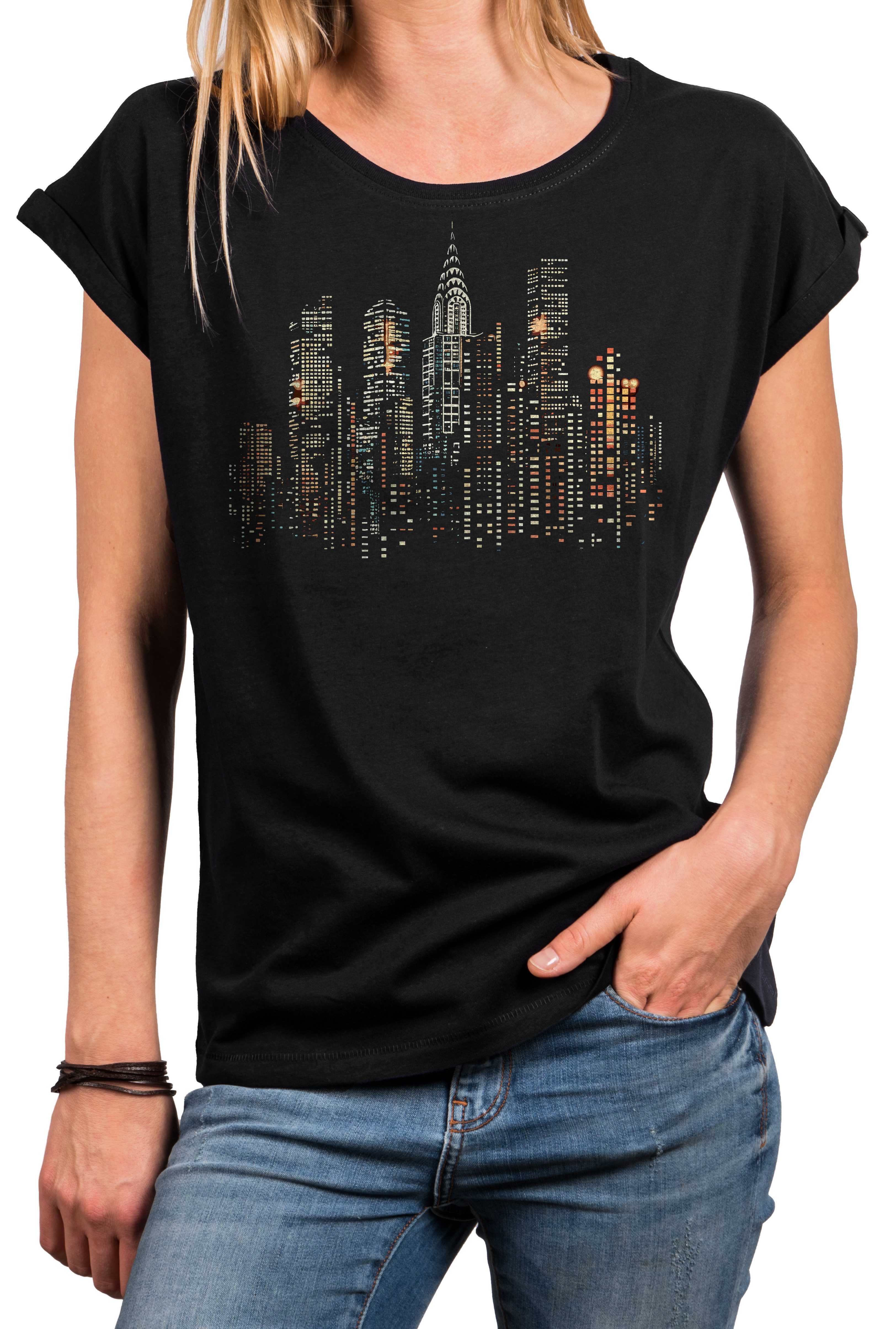 MAKAYA T-Shirt Damen-Top mit USA Skyline – bunte Punkte, New York & Amerika günstig online kaufen