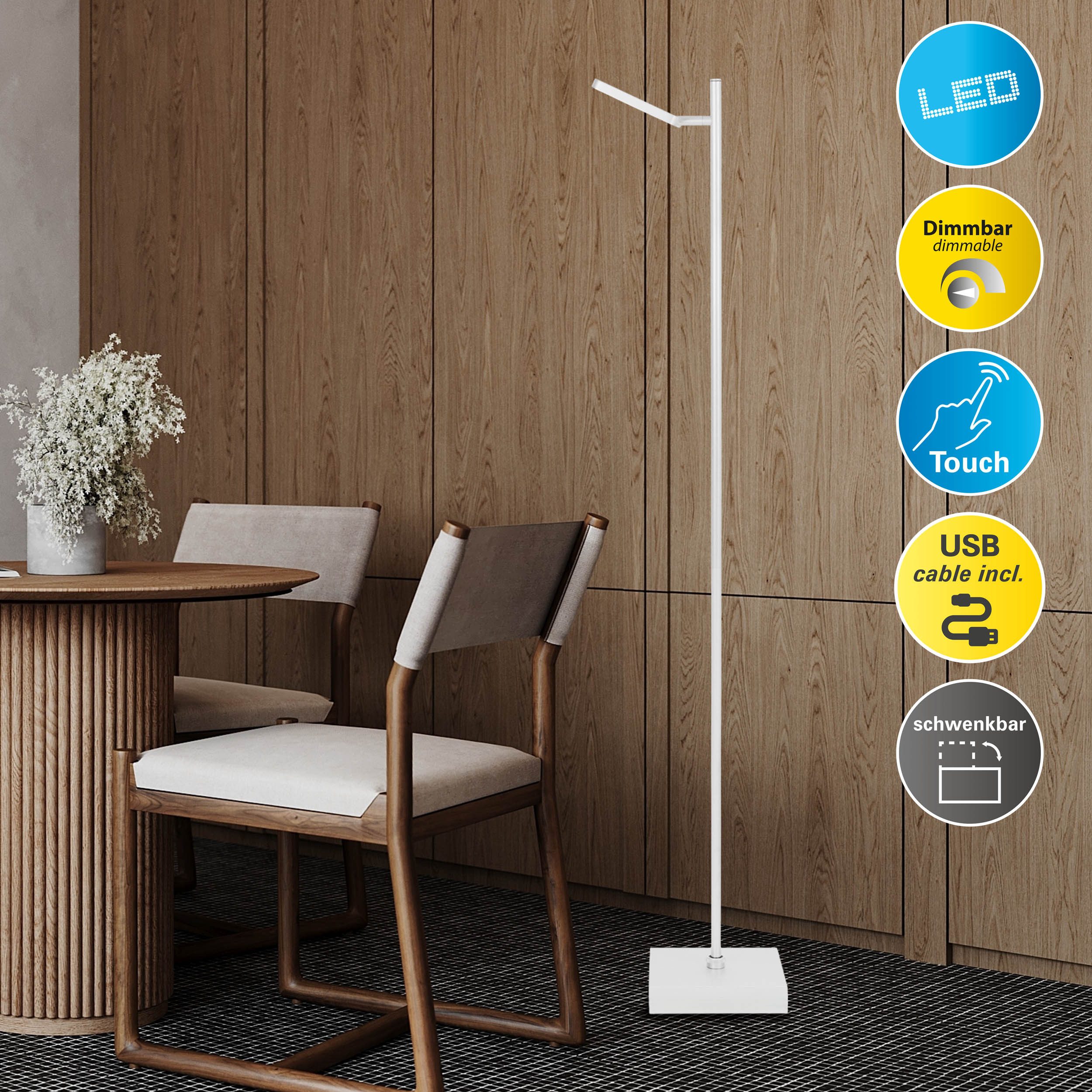 näve LED Stehlampe Lupa, Dimmfunktion, USB-Anschluss mit Ladefunktion, LED wechselbar, Warmweiß, Akkuleuchte, USB-C Kabel, weiß, dimmbar(Touch), Schirm drehbar, Metall