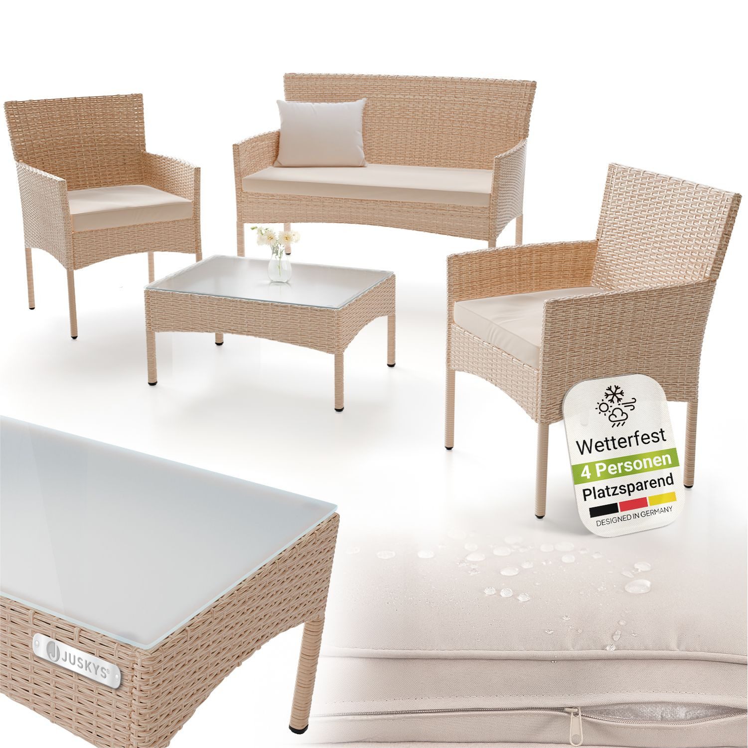 Juskys Gartenlounge-Set Fort Myers, wetterfeste Polyrattan Sitzgruppe für 4 Personen