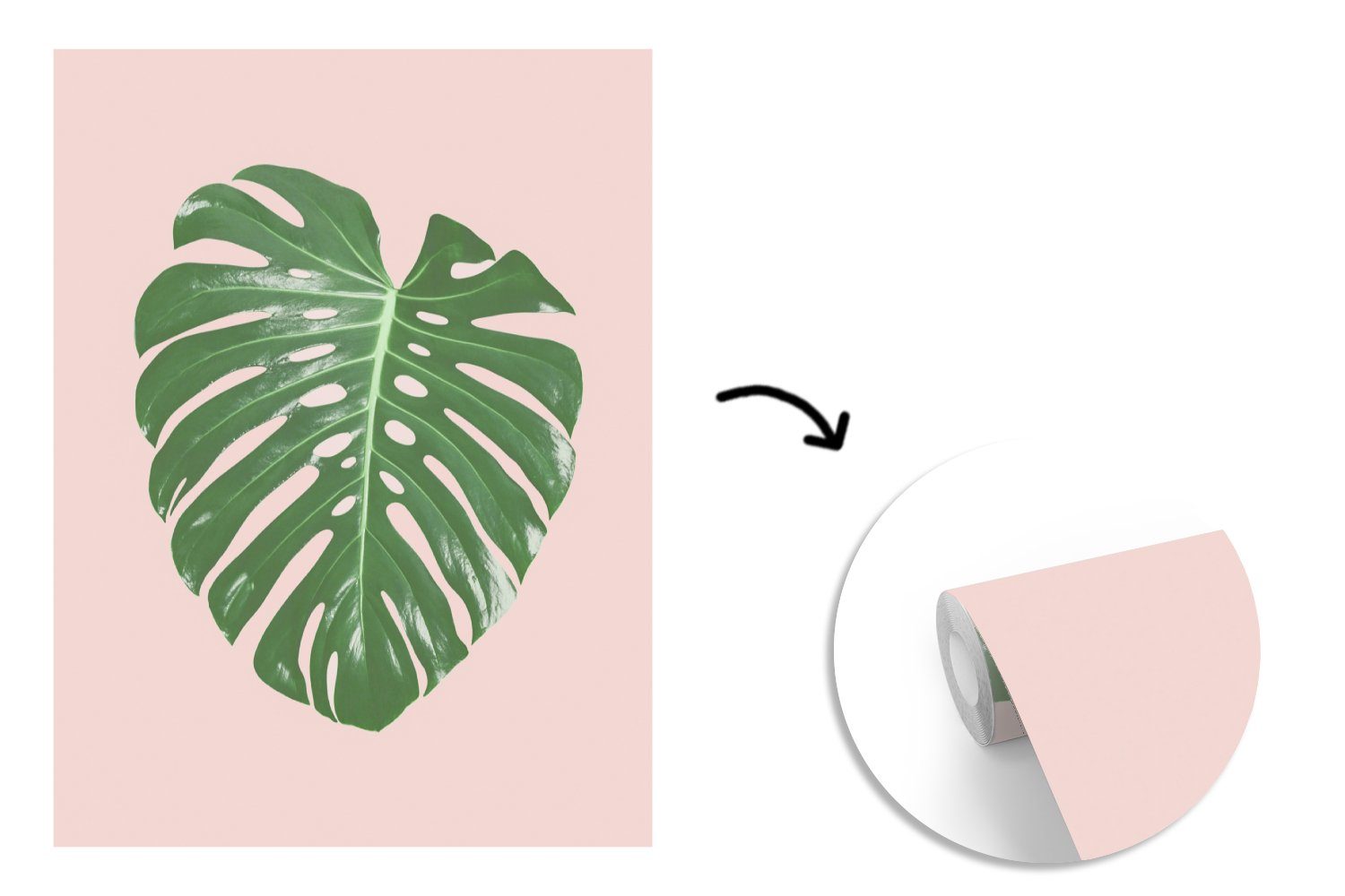 - Pflanze Grün Wandtapete - Natur Tapete Blatt, Matt, - für Rosa (4 Wohnzimmer, Vinyl - Montagefertig St), MuchoWow Fototapete bedruckt,