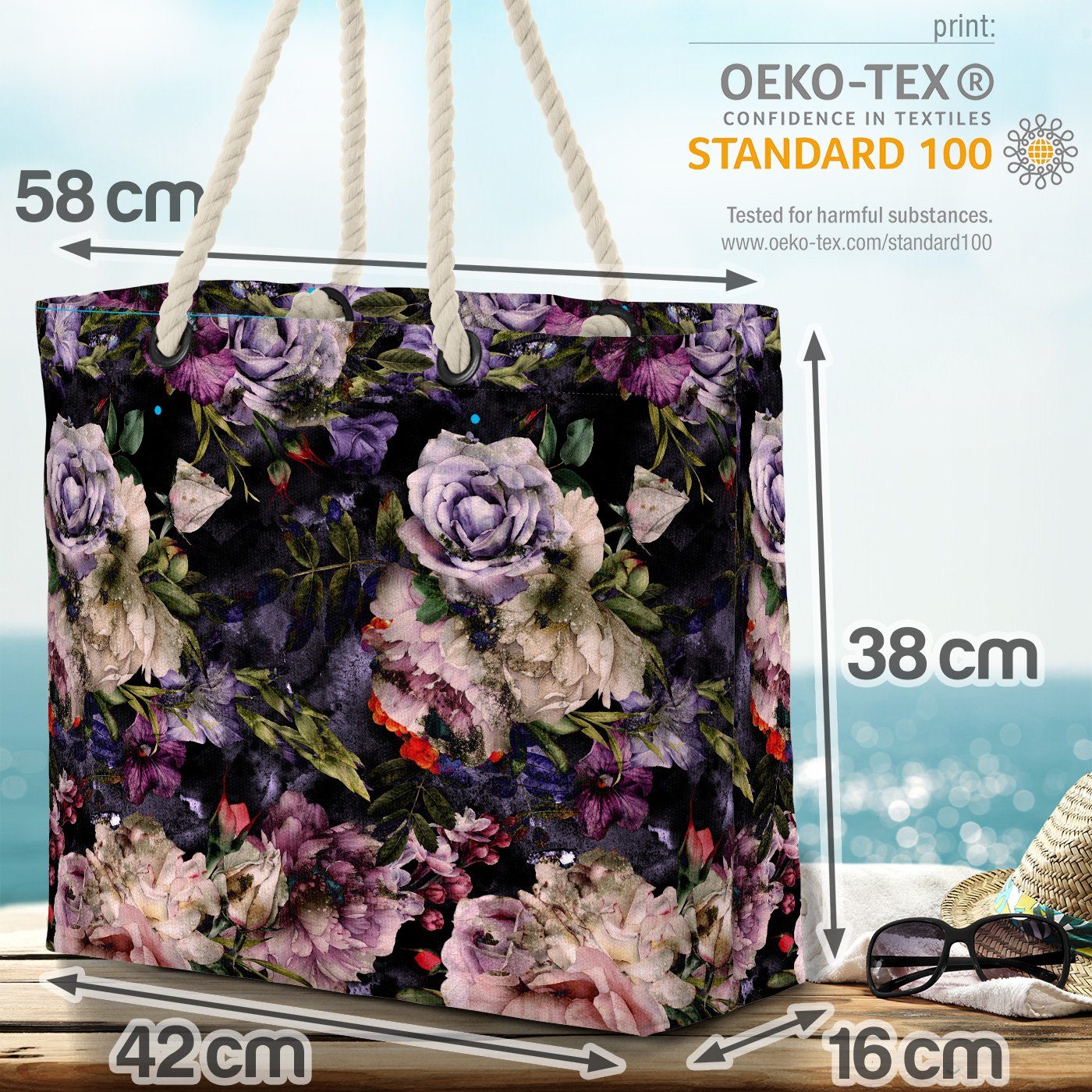 VOID Strandtasche (1-tlg), Viktorianisches Blumendekor Blumen-Muster Pfingst-Rosen Beach Bag geblümt