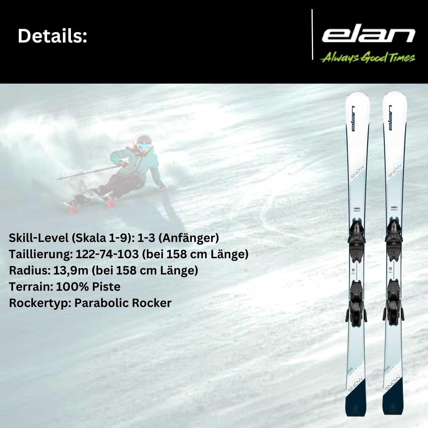 Damenski Rocker EL9.0 Schwarz Ski + Snow / elan Bindung White Ski, Parabolic Elan