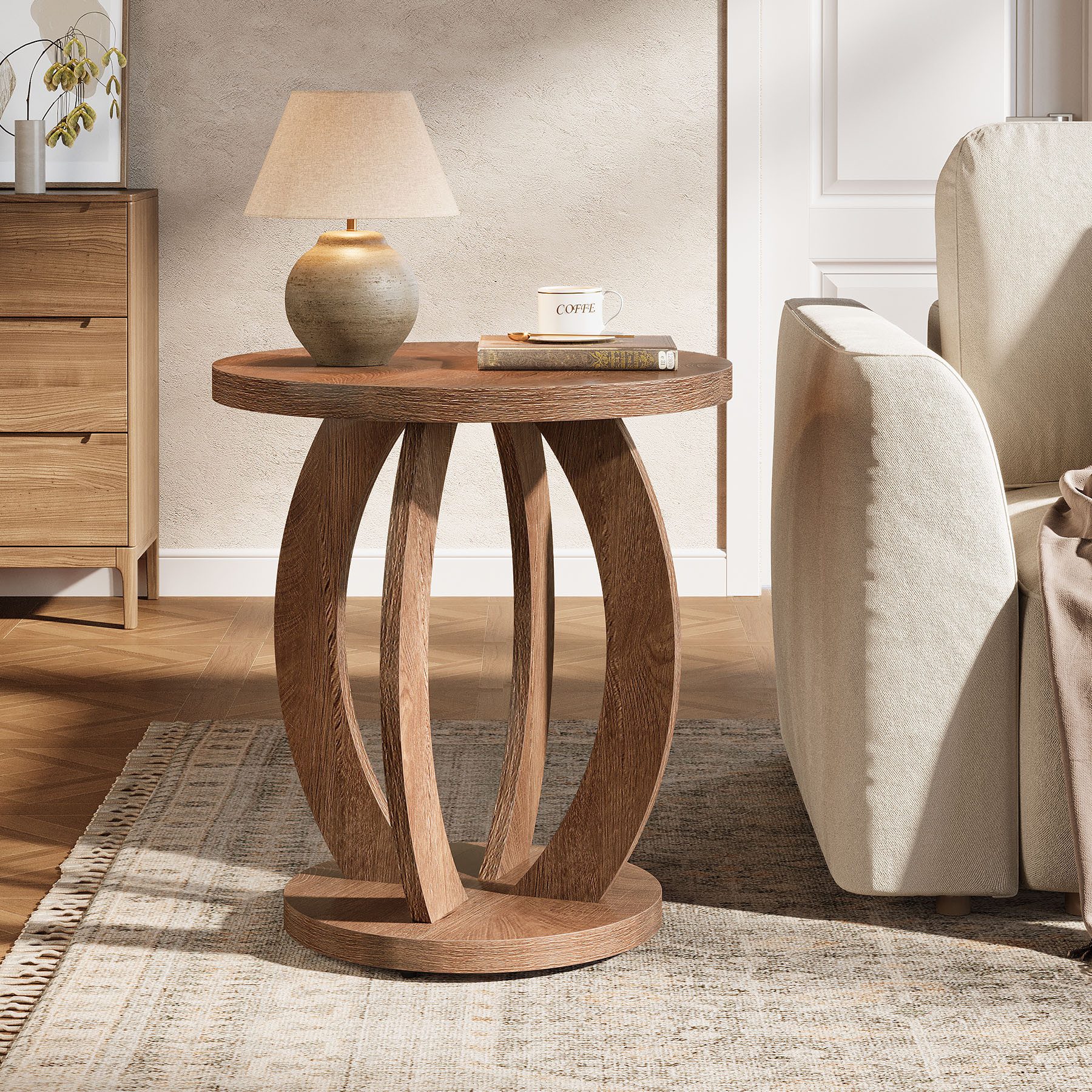 Tribesigns Beistelltisch 50 cm runder Sofatisch mit Stauraum, Nachttisch im Landhausstil – Bild 5 von 5
