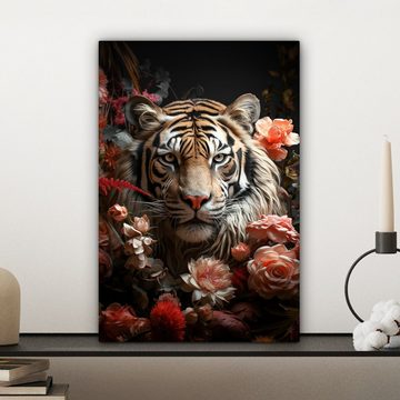 OneMillionCanvasses® Leinwandbild Tiger - Tier - Natur - Floral - Botanisch, (1 St), Leinwandbild fertig bespannt inkl. Zackenaufhänger, Gemälde, 20x30 cm